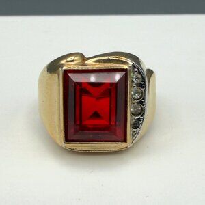 Vintage Men Statement Ring 18K HGE Gold Plated Red Stone Cubic Zirconia Sz 9.5